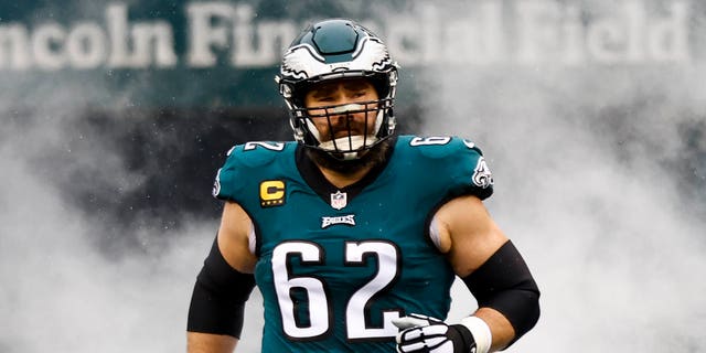 Jason Kelce of the Philadelphia Eagles runs out of the tunnel prior to the NFC championship game against the San Francisco 49ers at Lincoln Financial Field Jan. 29, 2023, in Philadelphia.