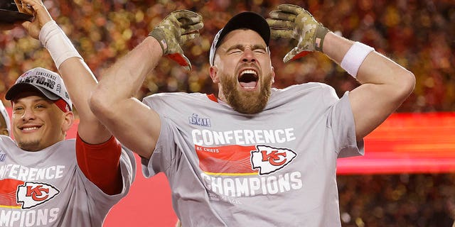 Patrick Mahomes #15 and Travis Kelce #87 of the Kansas City Chiefs celebrate after defeating the Cincinnati Bengals 23-20 in the AFC Championship Game at GEHA Field at Arrowhead Stadium on January 29, 2023 in Kansas City, Missouri. 