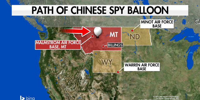 Map shows approximate path of a Chinese surveillance balloon over Montana, Friday, Feb. 3, 2023.