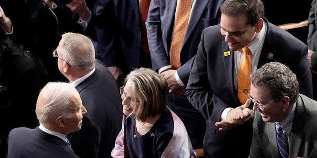 U.S. Sen. George Santos (R-NY), top right, watches as President Biden greets members of Congress after his State of the Union address. He had been pushed out of his aisle seat before Biden entered.