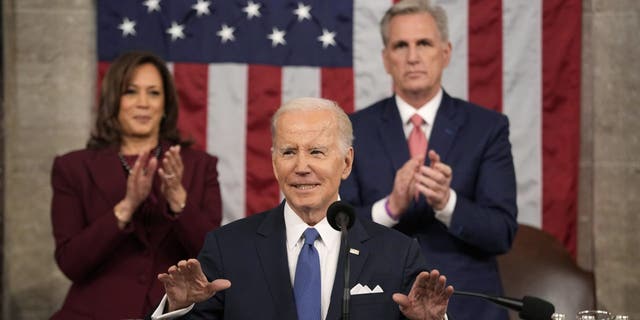 Vice President Kamala Harris and House Speaker Kevin McCarthy applaud during President Joe Biden's State of the Union address at the US Capitol on Tuesday, Feb. 7, 2023.