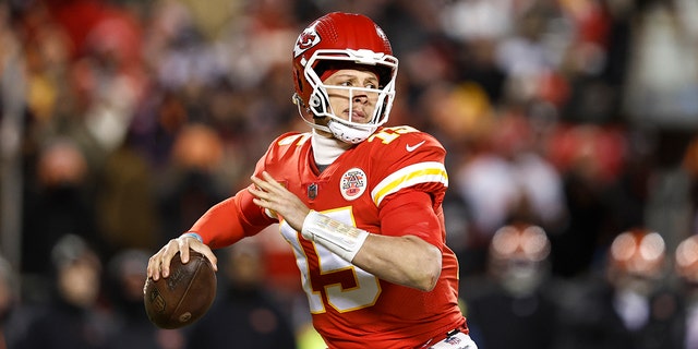 Patrick Mahomes of the Kansas City Chiefs passes the ball during the AFC championship game against the Cincinnati Bengals at GEHA Field at Arrowhead Stadium Jan. 29, 2023, in Kansas City, Mo.