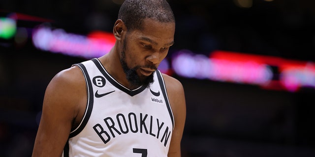 Kevin Durant of the Brooklyn Nets reacts against the New Orleans Pelicans during a game at the Smoothie King Center Jan. 6, 2023, in New Orleans.