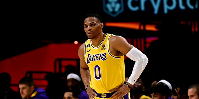 Russell Westbrook of the Los Angeles Lakers looks on during a game against the Los Angeles Clippers at Crypto.com Arena in Los Angeles on Oct. 20, 2022.