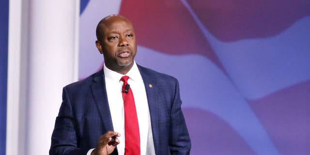 GOP Senator Tim Scott of South Carolina, speaks during the Republican Jewish Coalition (RJC) Annual Leadership Meeting in Las Vegas, Nevada, US, on Saturday, Nov. 19, 2022. 