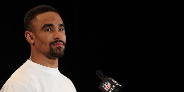 Jalen Hurts of the Philadelphia Eagles speaks to the media prior to Super Bowl LVII on Feb. 8, 2023, in Phoenix, Arizona.