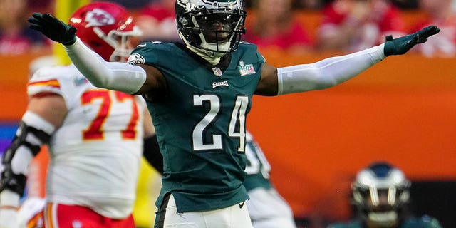 James Bradberry, #24 of the Philadelphia Eagles, celebrates against the Kansas City Chiefs during the second quarter in Super Bowl LVII at State Farm Stadium on Feb. 12, 2023 in Glendale, Arizona.