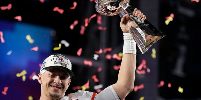 Kansas City Chiefs quarterback Patrick Mahomes holds the Vince Lombardi Trophy after the NFL Super Bowl 57 football game against the Philadelphia Eagles, Sunday, Feb. 12, 2023, in Glendale, Ariz.