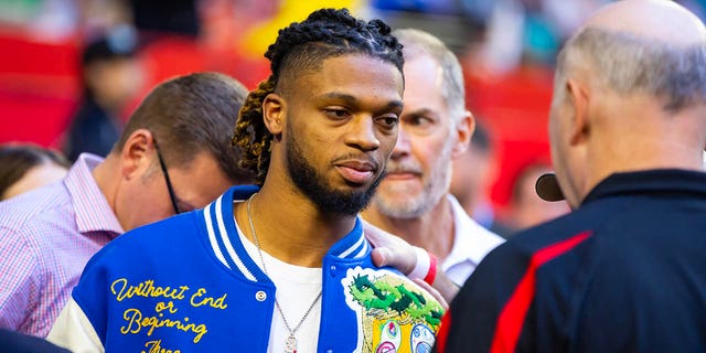 Buffalo Bills' Damar Hamlin walks on the sideline before Super Bowl LVII at State Farm Stadium in Glendale, Arizona, on Feb. 12, 2023.