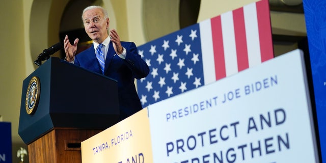 President Joe Biden speaks about his administration's plans to protect Social Security and Medicare and lower healthcare costs, Thursday, Feb. 9, 2023, at the University of Tampa in Tampa, Fla. (AP Photo/Patrick Semansky)