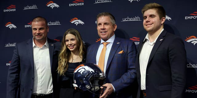 New Denver Broncos Head Coach Sean Payton poses with Christopher Titone and family members Meghan Payton and Connor Payton during a press conference at UCHealth Training Center on February 6, 2023, in Englewood, Colorado.