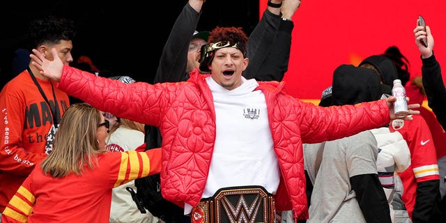 Patrick Mahomes, #15 of the Kansas City Chiefs, celebrates during the Kansas City Chiefs Super Bowl LVII victory parade on February 15, 2023, in Kansas City, Missouri. 