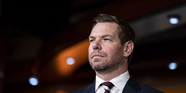 Representative Eric Swalwell, a Democrat from California, during a news conference at the US Capitol in Washington, DC, US, on Wednesday, Jan. 25, 2023. The House Speaker said he's blocking Democrats Schiff and Swalwell from serving on the Intelligence Committee, making good on a long-standing promise and opening a new front in the chamber's partisan battles. 