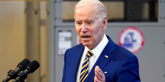 President Biden speaks about the economy to union members at the IBEW Local Union 26, on Feb. 15, 2023, in Lanham, Md.