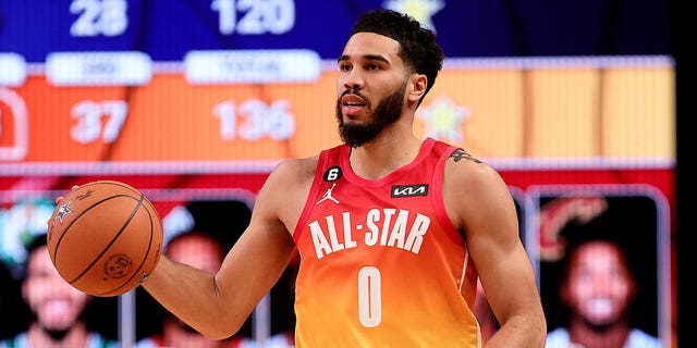 Jayson Tatum, #0 of the Boston Celtics, shoots during the third quarter in the 2023 NBA All Star Game between Team Giannis and Team LeBron at Vivint Arena on Feb. 19, 2023 in Salt Lake City.