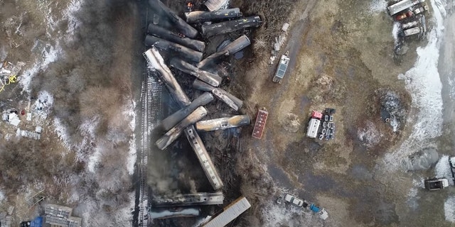 This video screenshot released by the U.S. National Transportation Safety Board (NTSB) shows the site of a derailed freight train in East Palestine, Ohio, the United States. 