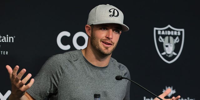 Quarterback Derek Carr of the Las Vegas Raiders speaks during a news conference on June 7, 2022, in Henderson, Nevada.