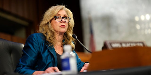 Sen. Marsha Blackburn at a hearing on Capitol Hill.