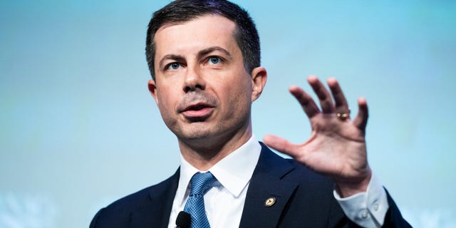 Transportation Secretary Pete Buttigieg speaks during the National Association of Counties 2023 Legislative Conference at the Washington Hilton on Feb. 13, 2023.