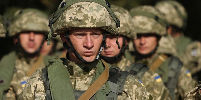 Ukrainian marines prepare to train in urban warfare techniques on the second day of the "Rapid Trident" bilateral military exercises between the United States and Ukraine that includes troops from a variety of NATO and non-NATO countries on Sept. 16, 2014 near Yavorov, Ukraine. 