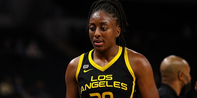 Nneka Ogwumike of the Los Angeles Sparks during a game against the Minnesota Lynx at Target Center Sept. 2, 2021, in Minneapolis.