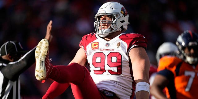 Arizona Cardinals defensive end J.J. Watt celebrates a sack against the Denver Broncos during the first half of a game Dec. 18, 2022, in Denver. 