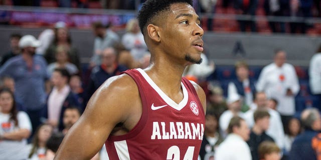 Brandon Miller, #24 of the Alabama Crimson Tide, after defeating the Auburn Tigers at Neville Arena on February 11, 2023, in Auburn, Alabama. 