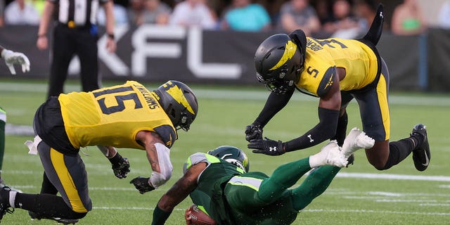 Orlando Guardians quarterback Deondre Francois, #3, dives for a first down during the XFL game between the San Antonio Brahmas and the Orlando Guardians on Feb. 26, 2023 at Camping World Stadium in Orlando, Florida.