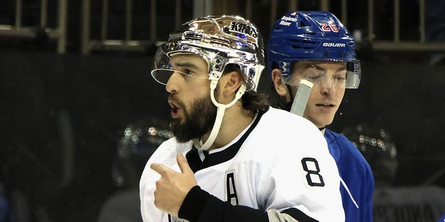 Drew Doughty of the Los Angeles Kings argues with a referee during the Rangers game at Madison Square Garden on Feb. 26, 2023, in New York City.