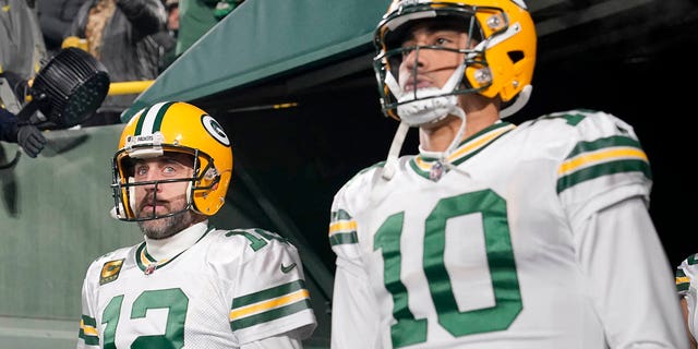 Aaron Rodgers and Jordan Love of the Packers before the Tennessee Titans game at Lambeau Field on Nov. 17, 2022, in Green Bay, Wisconsin.