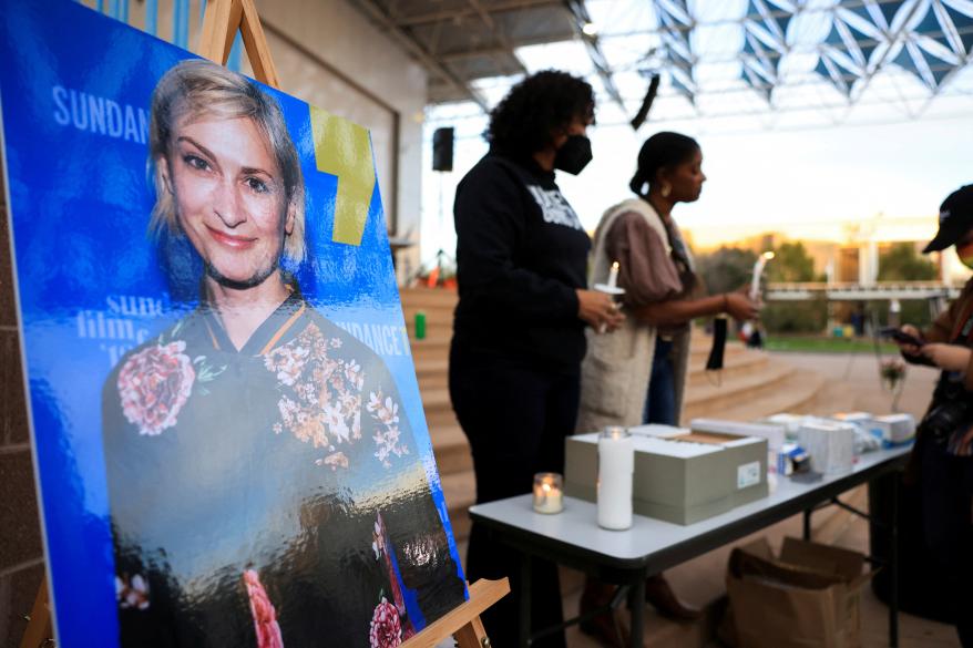 FILE PHOTO: An image of cinematographer Halyna Hutchins, who died after being shot by Alec Baldwin on the set of his movie "Rust", is displayed at a vigil in her honor in Albuquerque, New Mexico.