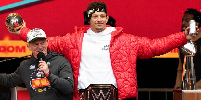 Patrick Mahomes, #15 of the Kansas City Chiefs, celebrates on stage during the Kansas City Chiefs Super Bowl LVII victory parade on Feb. 15, 2023 in Kansas City, Missouri.