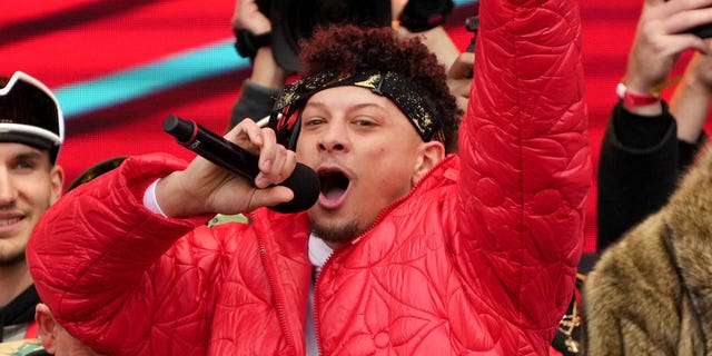 Patrick Mahomes #15 of the Kansas City Chiefs celebrates during the Kansas City Chiefs Super Bowl LVII victory parade on February 15, 2023 in Kansas City, Missouri.