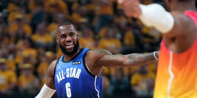 Team LeBron forward LeBron James, #6, reacts during the first half of the NBA basketball All-Star game Sunday, Feb. 19, 2023, in Salt Lake City. 