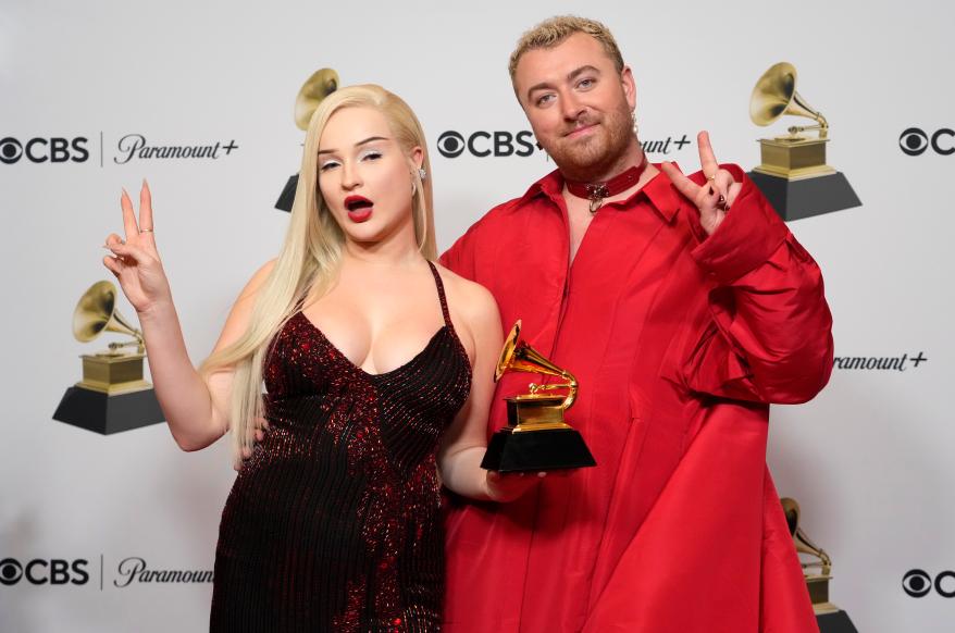 Kim Petras and Sam Smith pose with their Grammy Award on Feb. 5, 2023.