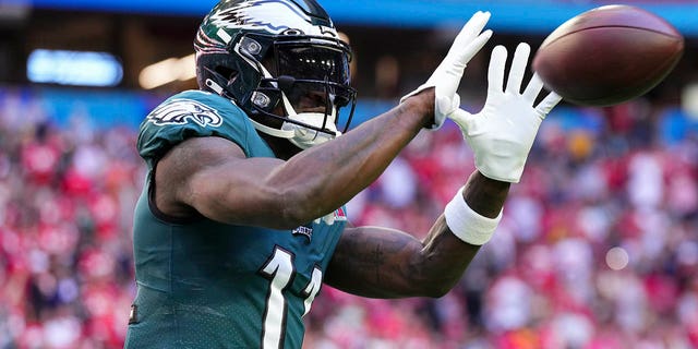 A.J. Brown of the Philadelphia Eagles warms up against the Kansas City Chiefs prior to Super Bowl LVII at State Farm Stadium on February 12, 2023, in Glendale, Arizona.