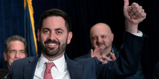 Mike Lawler, Republican candidate for New York's 17th Congressional District, greets supporters at the end of Senate candidate Bill Weber's speech during an election night party, Wednesday, Nov. 9, 2022, in Pearl River, New York. 