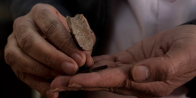 Jihad Yassin, director general of excavations and museums in the Palestinian Tourism and Antiquities Ministry, holds a 2,700-year-old ivory incense spoon. 