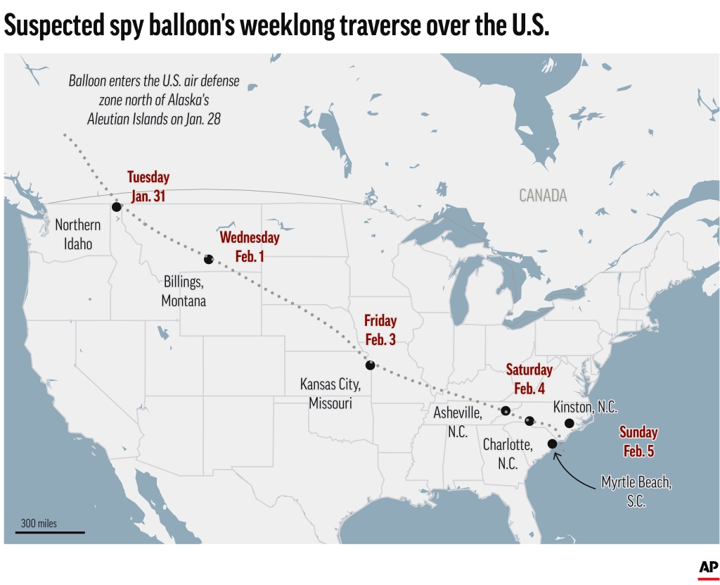 A map shows the path of the suspected spy balloon.