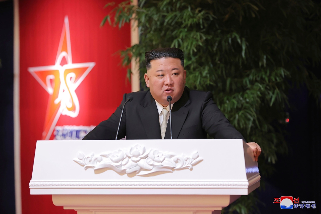 Kim Jong Un delivers a speech during the feast to mark the 75th founding anniversary of the Korean People’s Army.