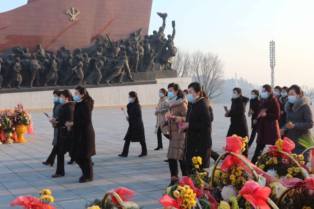 Pyongyang citizens visit Mansu Hill to pay respect to the statues of their late leaders Kim Il Sung and Kim Jong Il on the occasion of the 75th founding anniversary of the Korean People's Army in Pyongyang, North Korea on Feb. 8, 2023. 