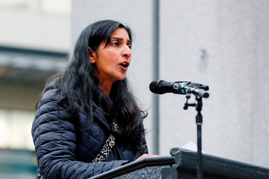 Councilmember Kshama Sawant speaks at a rally at Westlake Park in Seattle on May 3, 2022, in response to the news that the U.S. Supreme Court could be poised to overturn the landmark Roe v. Wade case.