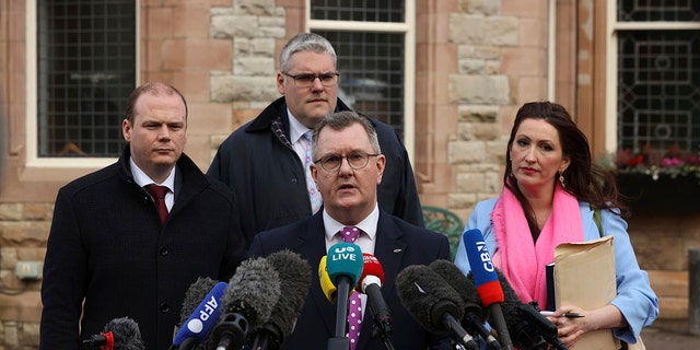 Northern Ireland political leaders, from left, Gordon Lyons, Gavin Robinson, Sir Jeffrey Donaldson and Emma Little-Pengelly speak in Belfast outside where Prime Minister Rishi Sunak held talks over the Northern Ireland Protocol on Feb. 17, 2023.