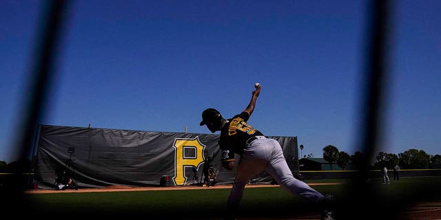 Pittsburgh Pirates starting pitcher Roansy Contreras throws during practice on Saturday, Feb. 18, 2023, in Bradenton, Florida.