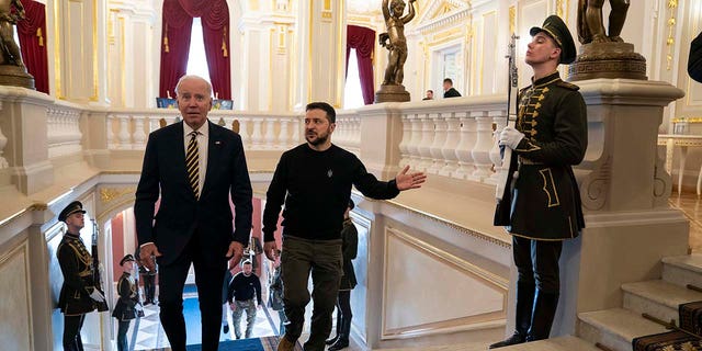 President Biden meets with Ukrainian President Volodymyr Zelenskyy at Mariinsky Palace during an unannounced visit in Kyiv, Ukraine, Monday, Feb. 20, 2023.