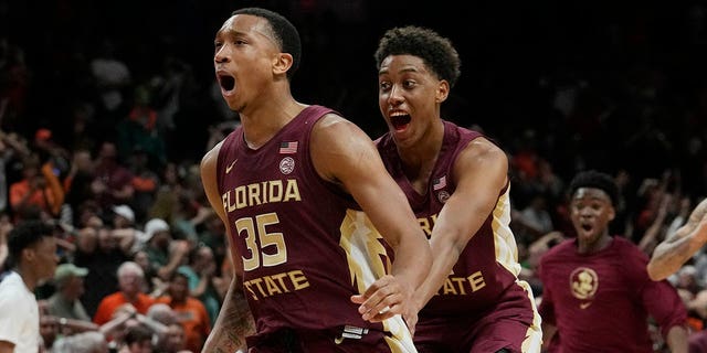 Matthew Cleveland, left, scored the winning basket in Florida State's 85-84 upset over Miami, Saturday, Feb. 25, 2023, in Coral Gables.