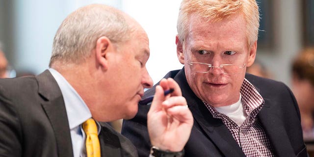 Alex Murdaugh and his defense attorney Jim Griffin listen to testimony during his trial for murder at the Colleton County Courthouse Wednesday, Feb. 8, 2023.