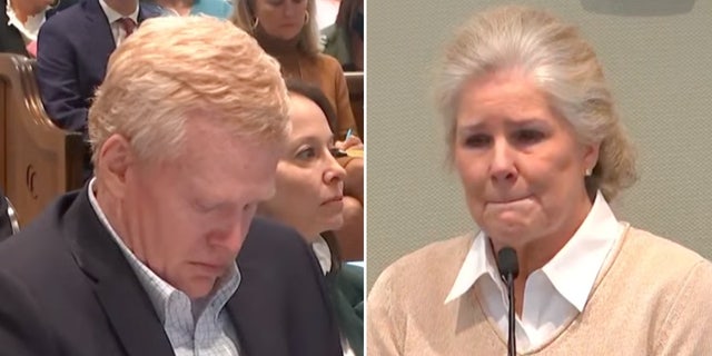 Alex Murdaugh, left, bows his head as his sister-in-law, Marian Proctor, testifies Feb. 14 on behalf of the state at his double murder trial in Walterboro, South Carolina.