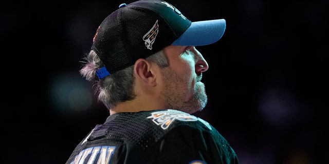 Washington Capitals' Alex Ovechkin stands on the ice during the NHL All Star Skills Showcase, Friday, Feb. 3, 2023, in Sunrise, Florida.