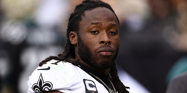 Alvin Kamara, #41 of the New Orleans Saints, looks on against the Philadelphia Eagles at Lincoln Financial Field on Jan. 1, 2023 in Philadelphia.